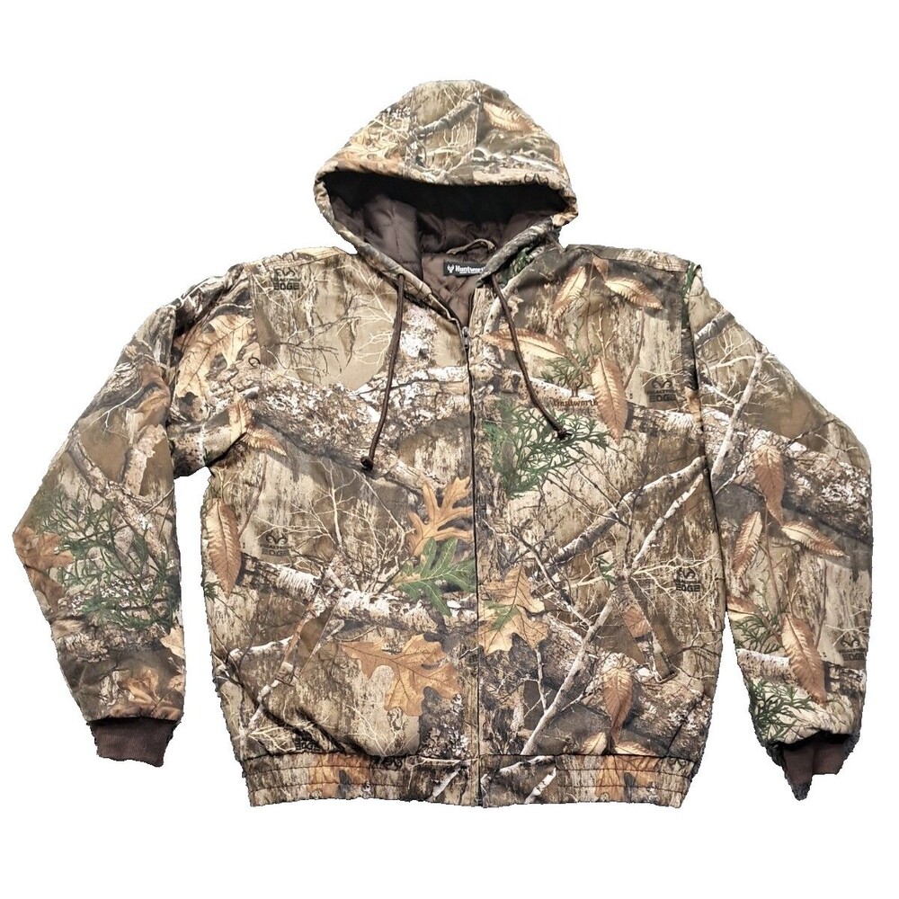 Huntworth Coat Mens SZ Large Camo Jacket Quilted Lining Hunting Camoflauge Hood